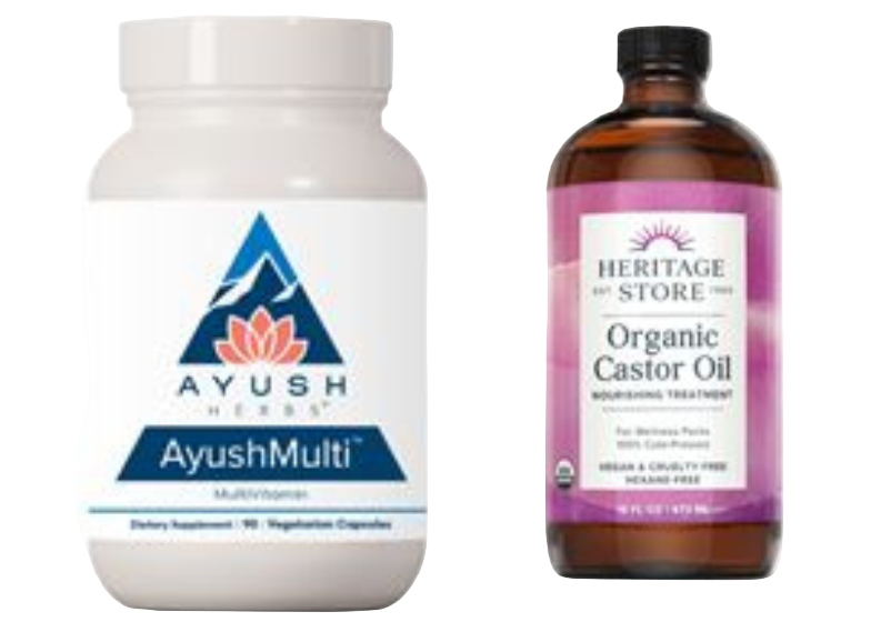 Four health product bottles from different brands on a white background